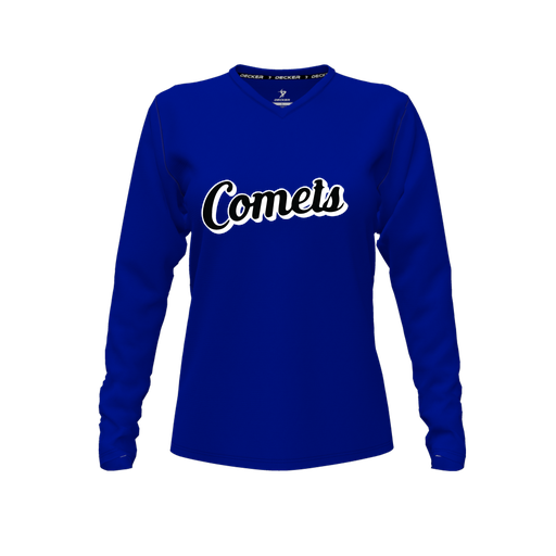 [CUS-DFW-TEES-PER-VNK-LSL-RYL-FYXS-LOGO1] Performance T-Shirt (Female Youth XS, Royal, V Neck, Logo 1, Long Sleeve)