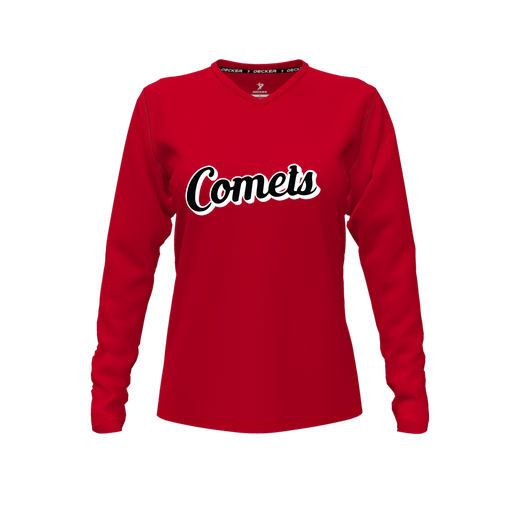 [CUS-DFW-TEES-PER-VNK-LSL-RED-FYXS-LOGO1] Performance T-Shirt (Female Youth XS, Red, V Neck, Logo 1, Long Sleeve)
