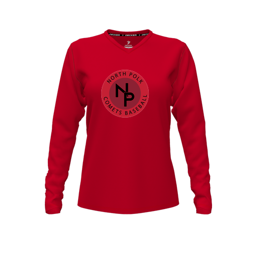 [FTLVPTRD-FYXS-LOGO2] Decker Performance T-Shirt (Female Youth XS, Red, V Neck, Logo 2, Long Sleeve)